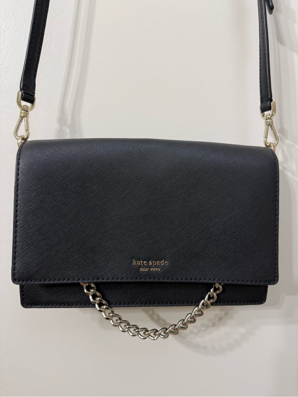 kate spade Black Saffiano Crossbody Bag with Gold Chain